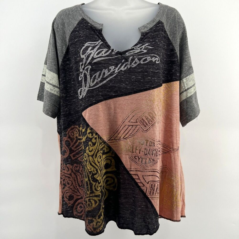 Harley-Davidson Womens 1W Colorblock Tee Script Logo Skull Burnout Top Moto USA